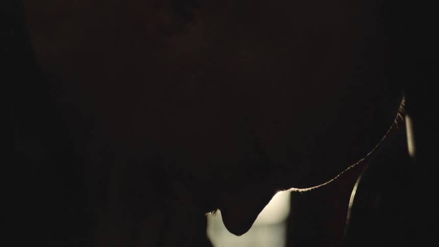 Silhouette of a mans face dripping with sweat while wearing boxing gloves in a dark room