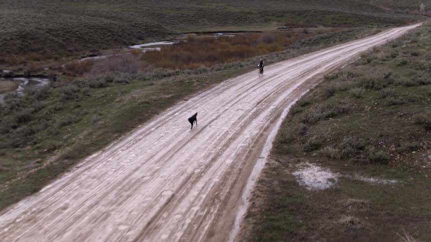 A dog running on an open dirt road with a person on a bike following behind