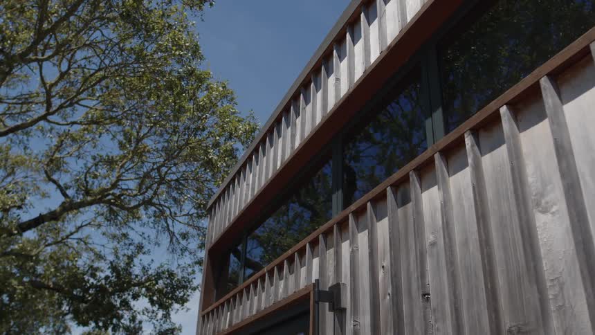 Exterior architecture with mirrored windows of an establishment and a tree in the background