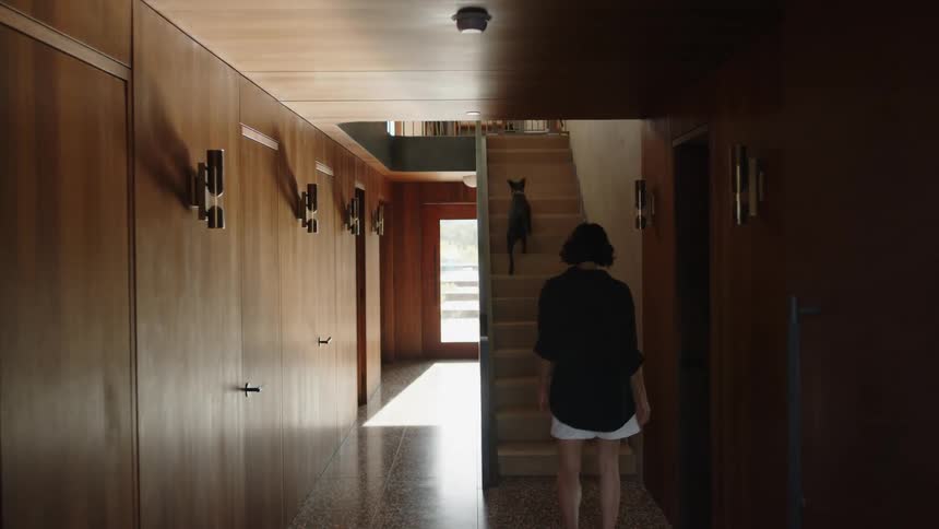 A person enters a modern house decorated in wooden panels accompanied by a small dog
