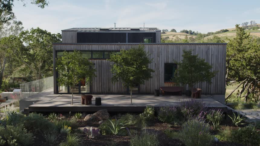 Panorama of a modern chalet surrounded by greenery