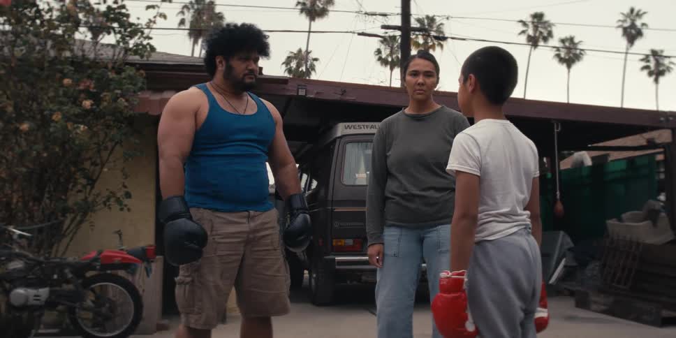 Man and a boy with boxing gloves next to a woman