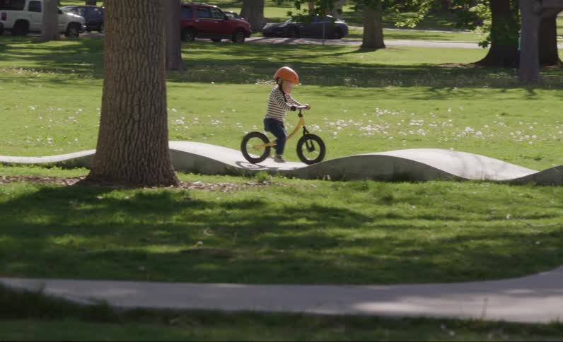 A child wearing a helmet and riding a bicycle on a path in a park