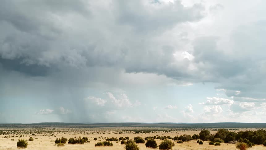 A lightning storm falling in a desert and the sky is full of white and gray clouds