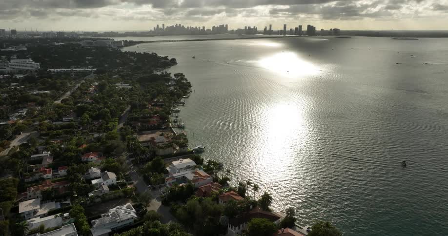Aerial scene of a residential neighborhood by the sea with a metropolis on the horizon