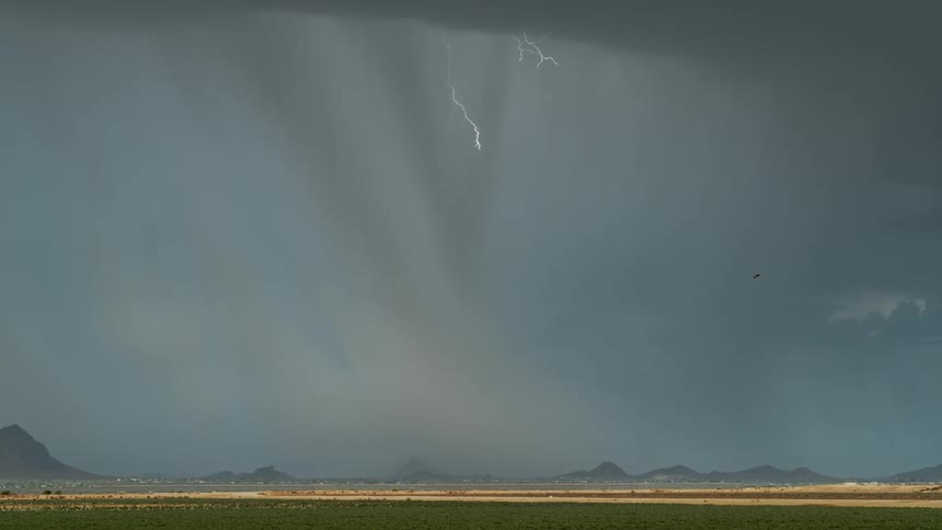 Storm with rain and lightning above a greenish field