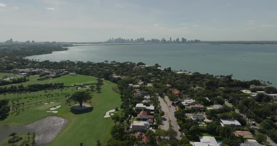 Panorama of a residential neighborhood by the sea with the silhouette of a metropolis on the horizon