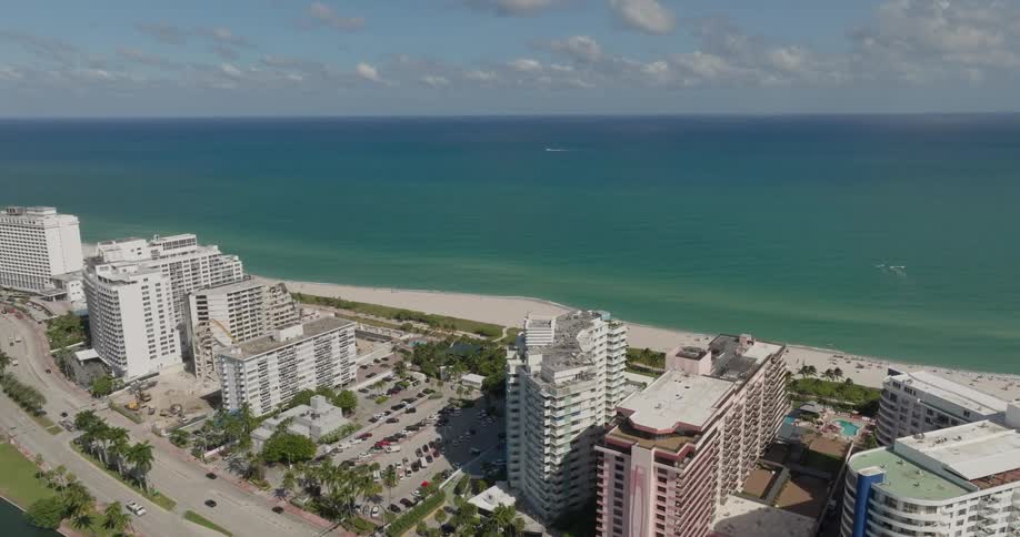 Aerial panorama of hotels and resorts by the turquoise sea