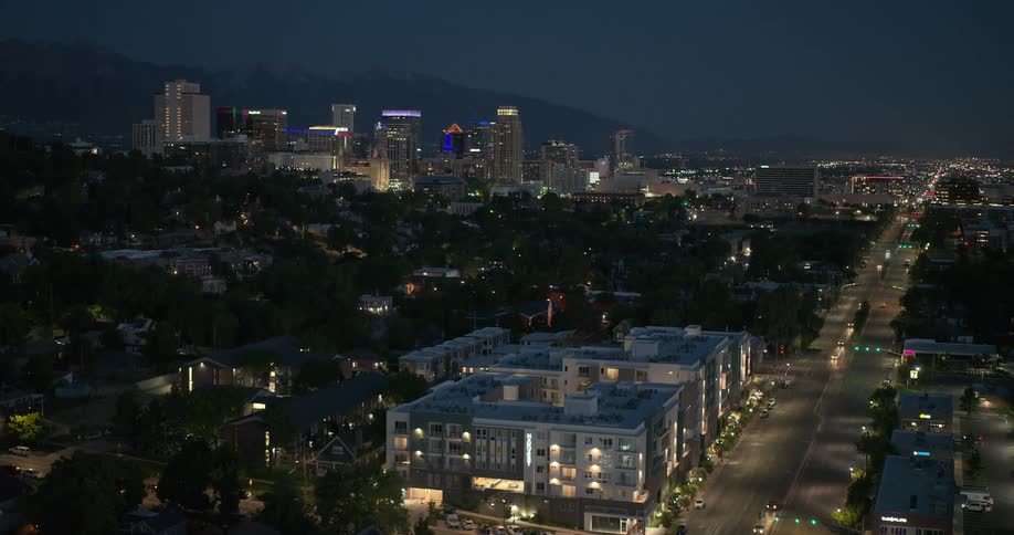 A large citys skyline at night