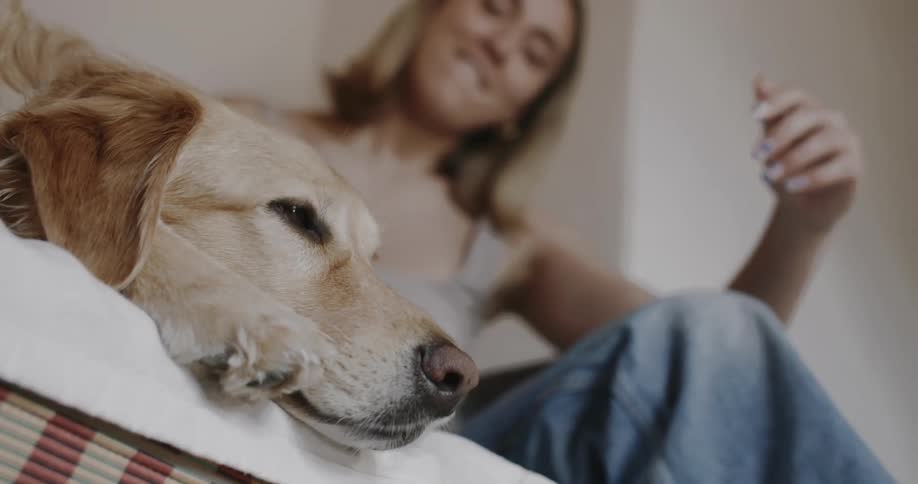 A woman pets her dog