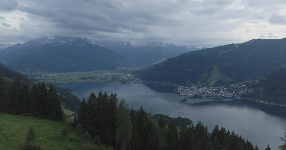 Cows graze on a lush green hillside with a scenic backdrop of mountains and a lake