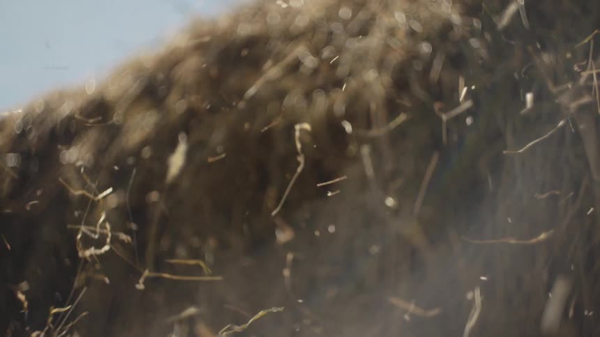 Close up of a bale of hay with straws falling down blown by the wind