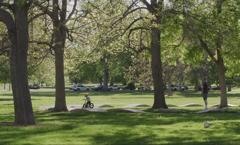 A child riding a small bike on a path an adult standing nearby and a dog running around