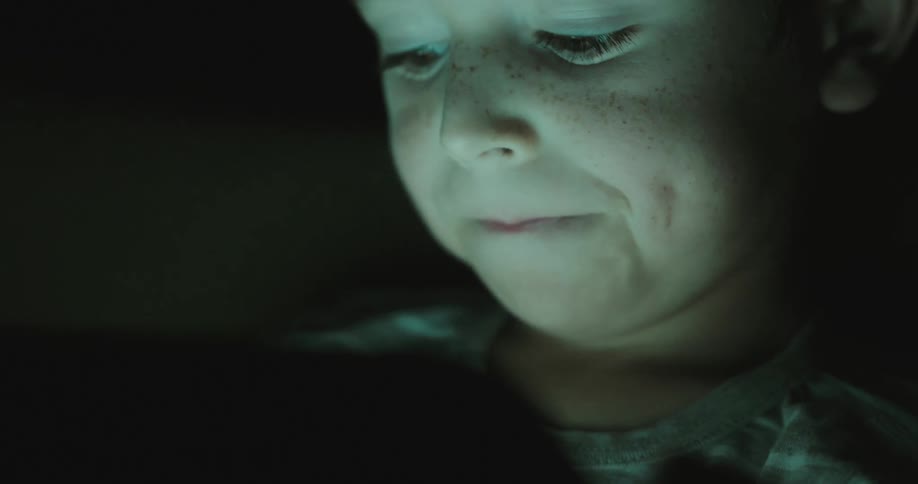 Portrait of a small boy concentrated with a screen on his face