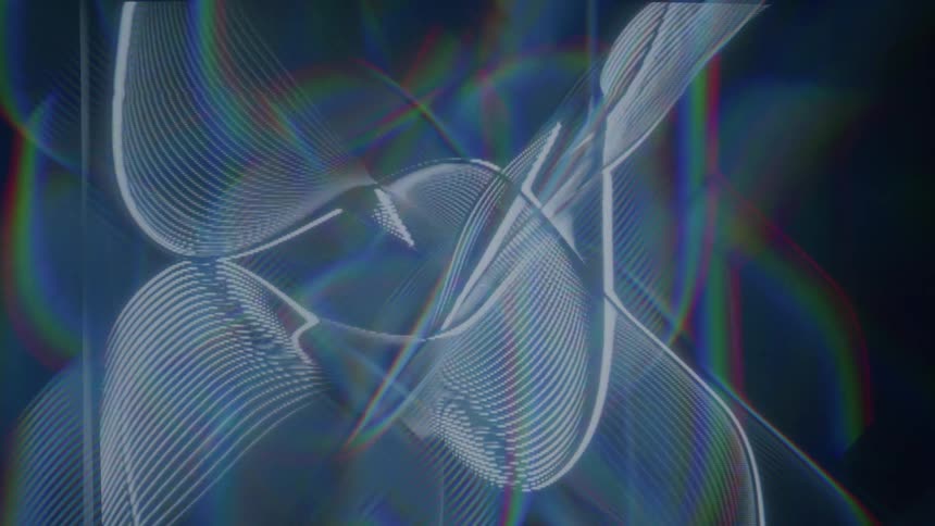 A three dimensional wave pattern with a dynamic flowing structure overlaid by a chromatic aberration effect that adds rainbow colors to the edges