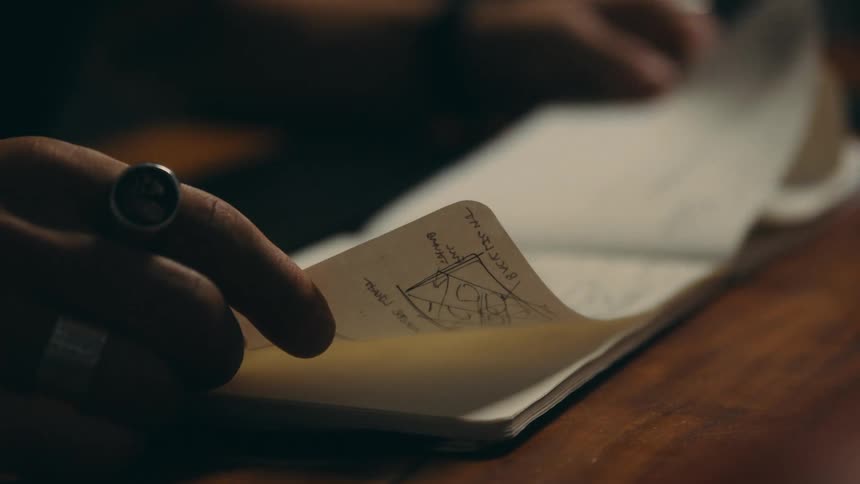 Person flipping pages back and forth in a notebook with illustrations on some pages