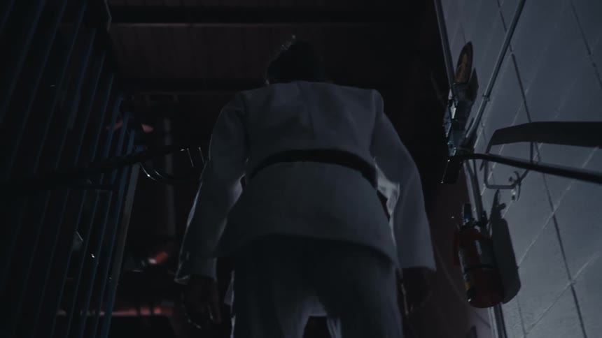 A man climbs up the dark steps