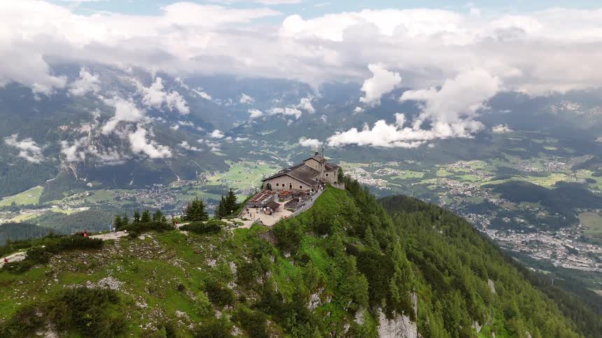 A resort is at the peak of the mountain