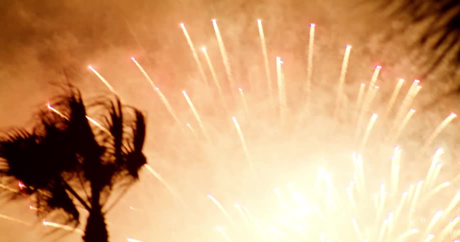 A vibrant fireworks display with multiple bursts and trails of light against a dark sky