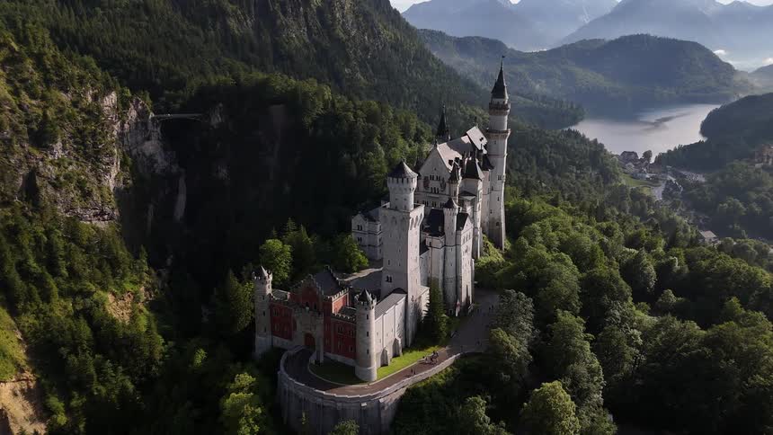 Castle on the base of a forested mountain towers over forest and lake filled valley on a misty day