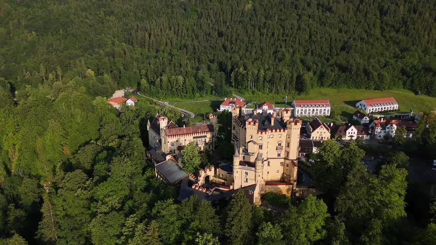 Fortress towers over a neighborhood nestled in the opening of a dense forest
