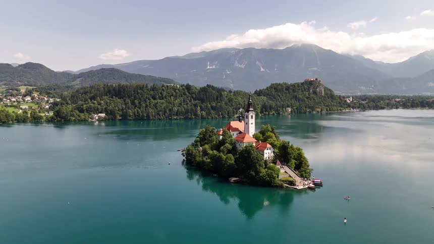A small island has structures on it
