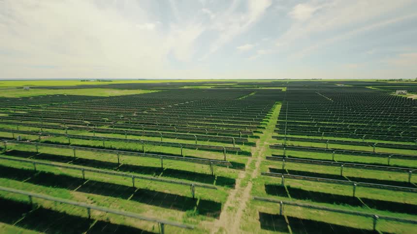 Rows of solar panels fill a vast grassland