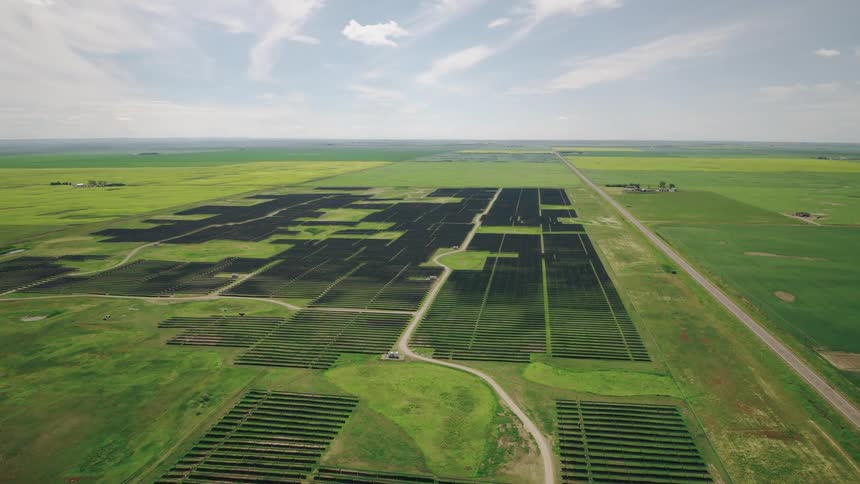 Aerial view of a large solar farm