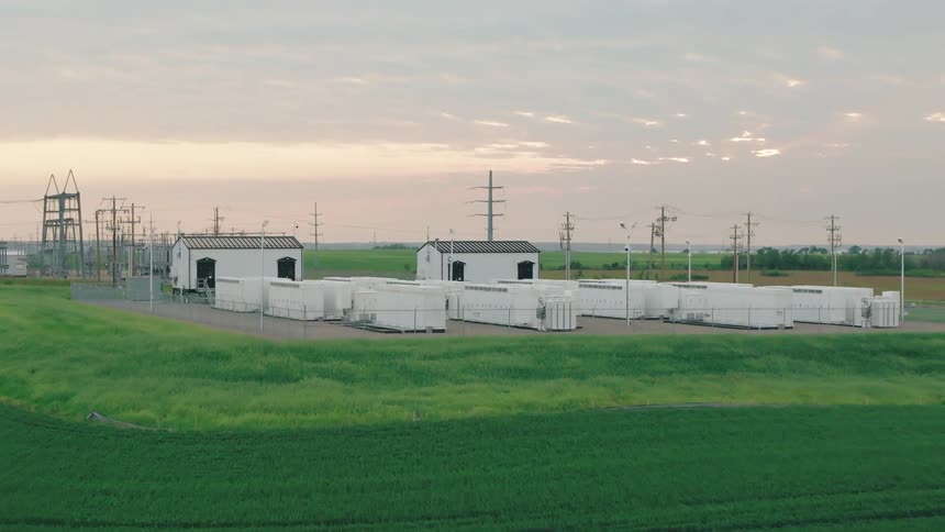 Aerial view of a battery backup station and power station in a green field