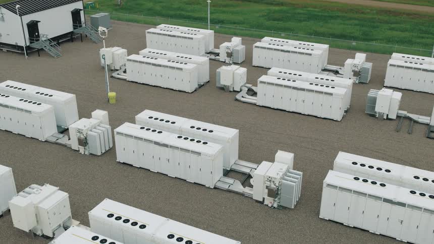 An aerial view of large industrial battery backup units