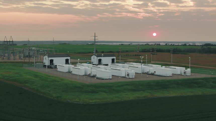Battery storage system at dusk during summer