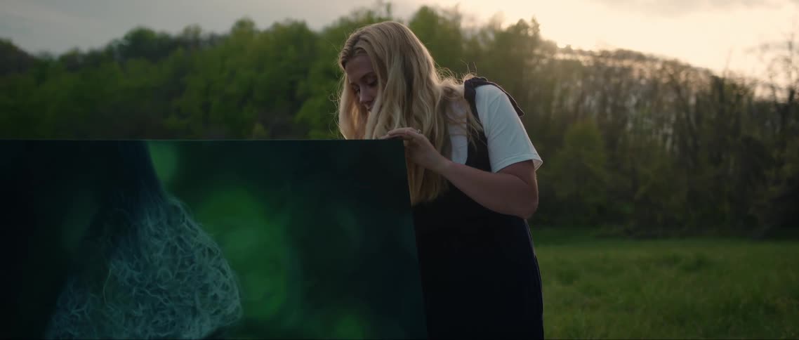 A woman with blonde hair outdoors holding a framed painting on a grassy area at evening