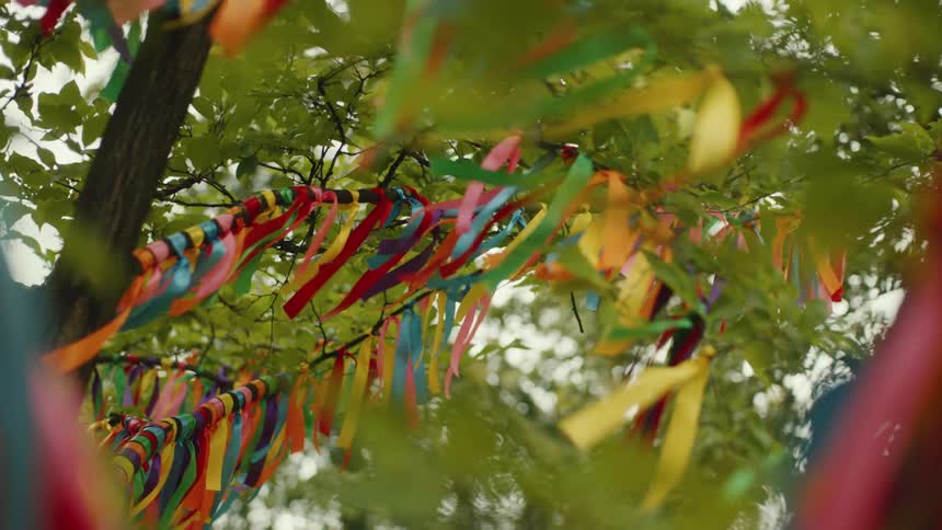 Colorful ribbons tied to tree branches blowing in the wind
