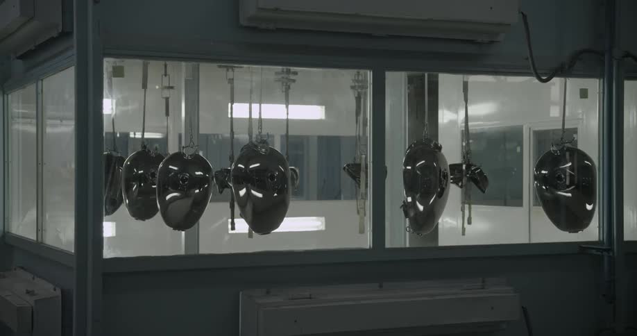 Metal objects hanging next to a window in a shop