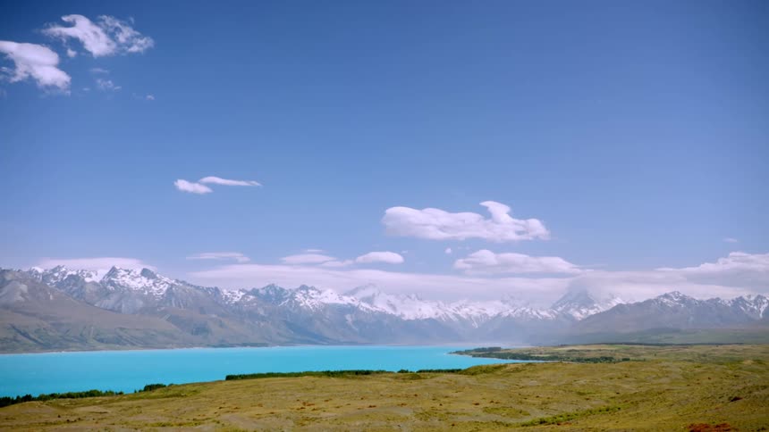 Panorama of a blue lake surrounded by snowy mountains