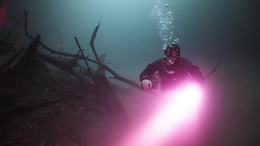 Diver venturing into the seabed next to logs and using a flashlight