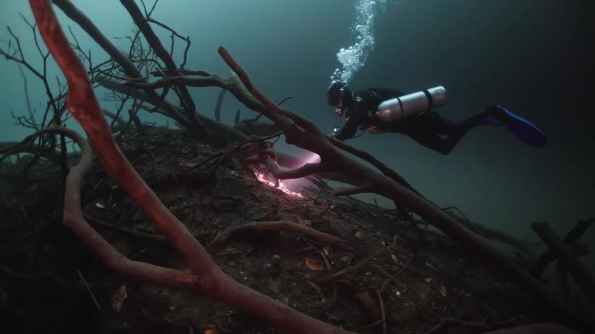 Diver submerged in the ocean near aquatic logs