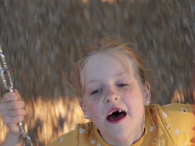 Portrait of a little blonde girl having fun on a park swing