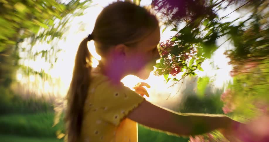 Portrait of a blonde girl amidst the flowers with the sunset on the horizon