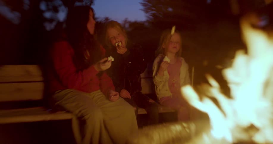 A family eats marshmallows by a fire