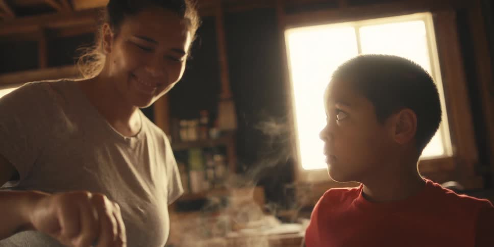 Woman cooking stirring a pan on the stove and her son next to her watching