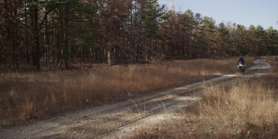 A dirt bike rider travels along a forest trail
