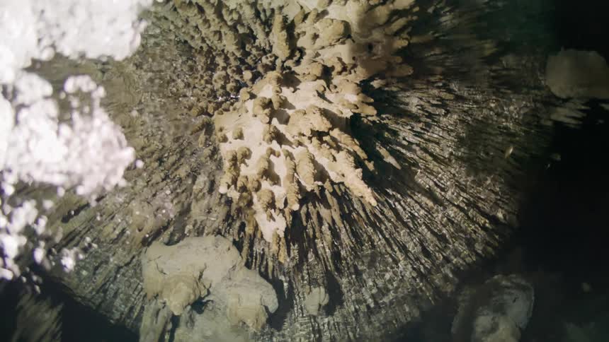Bubbles rise toward the stalactites on the ceiling of an underwater cavern