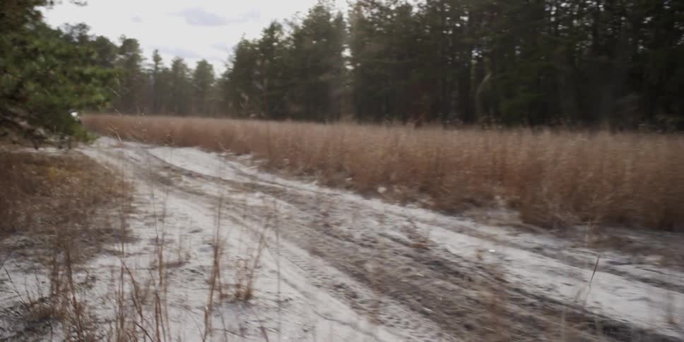 Two people riding dirt bikes on a wet dirt road