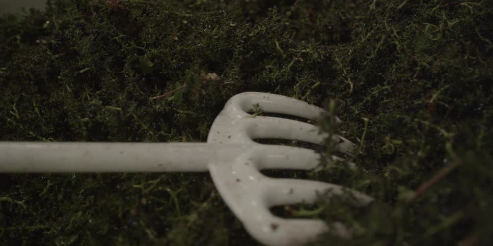 A pitchfork is laying in the grass