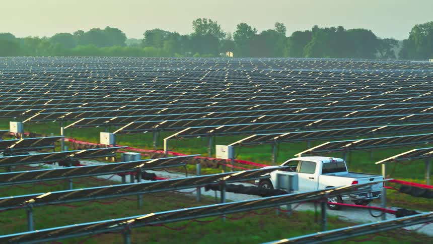 A white truck drives on a gravel road between rows of solar panels