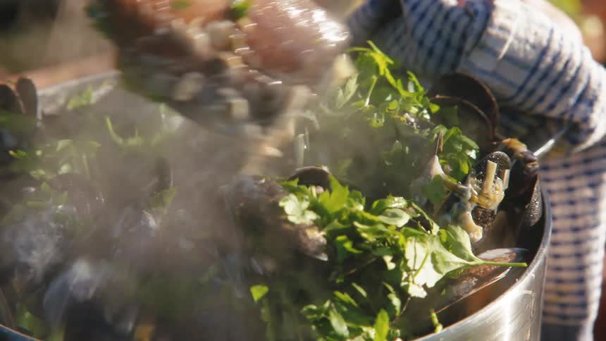 Closeup of a metal pot containing clams and mussels with steam and vegetables being placed on top