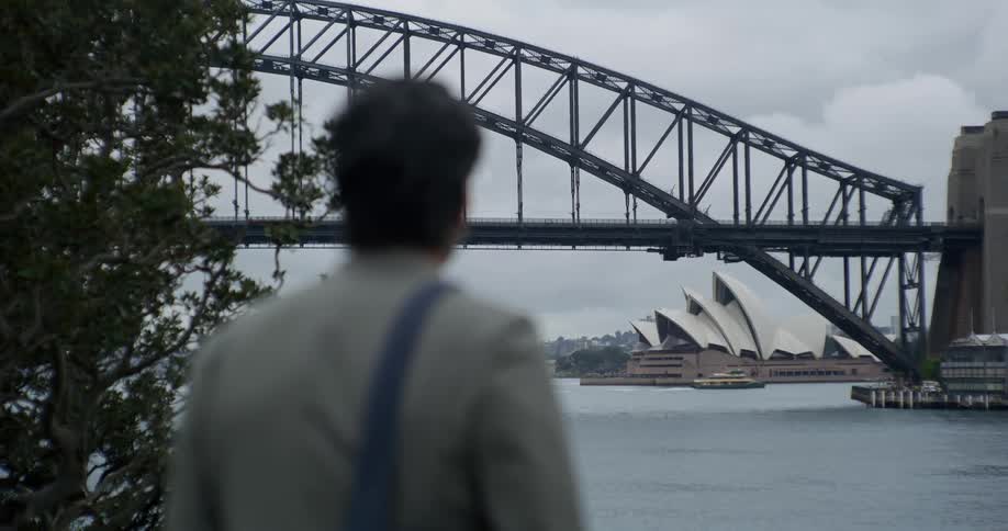 A person looking at the sydney harbour bridge and the sydney opera house