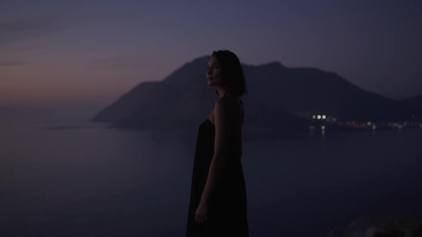 A woman in a black dress is standing looking back and in front of her there is an island in the middle of an ocean