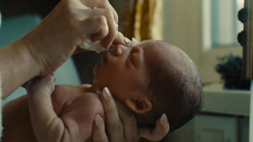 Mother gently wiping newborns eyes with a tissue
